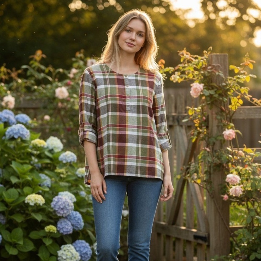 Serengeti Women Plaid Country Cabincore Earthy Boho Cotton Lightweight Top Sz 1X